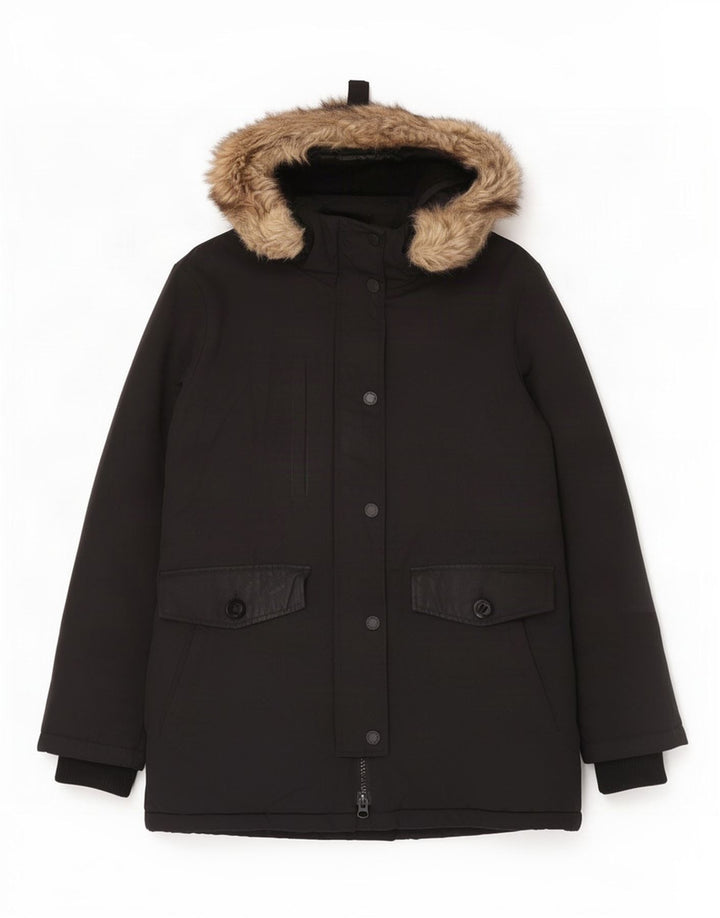 Superdry Womens Hooded Parka Jacket UK 12 Medium Black Nylon