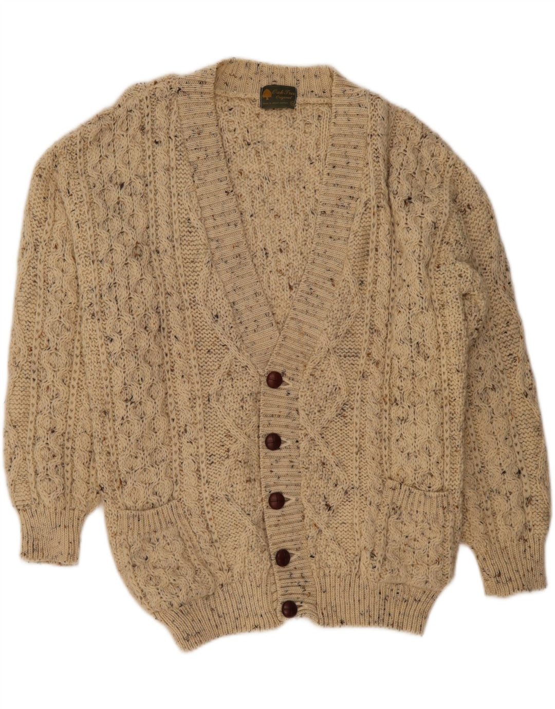 OAK TREE Mens Cardigan Sweater Medium Beige Flecked Wool