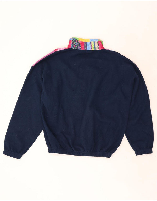 Vintage Mens Loose Fit Zip Neck Fleece Jumper Medium Navy Blue Geometric