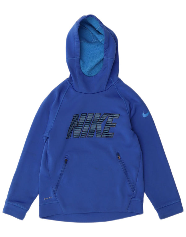 NIKE Boys Dri Fit Graphic Hoodie Jumper 8-9 Years Small Blue Polyester