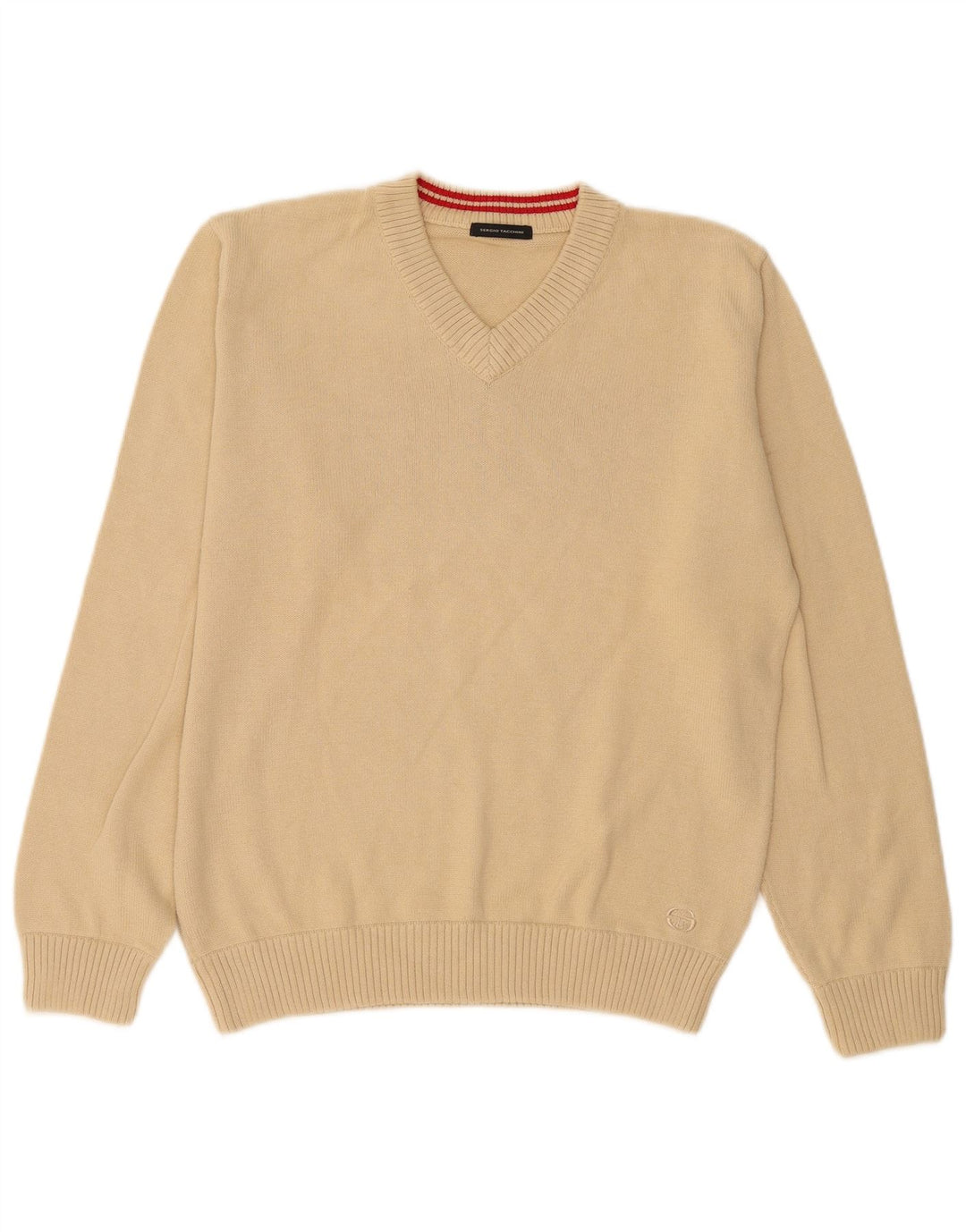 Sergio Tacchini Mens V-Neck Jumper Sweater Small Beige Cotton