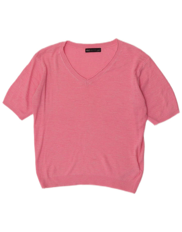 Marks & Spencer Womens Short Sleeve V-Neck Jumper Sweater UK 10 Small Pink