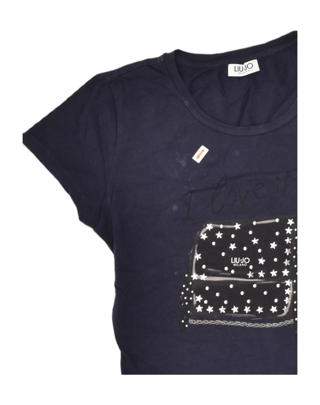 LIU JO Womens Graphic T-Shirt Top UK 10 Small Navy Blue Cotton | Vintage Liu Jo | Thrift | Second-Hand Liu Jo | Used Clothing | Messina Hembry 