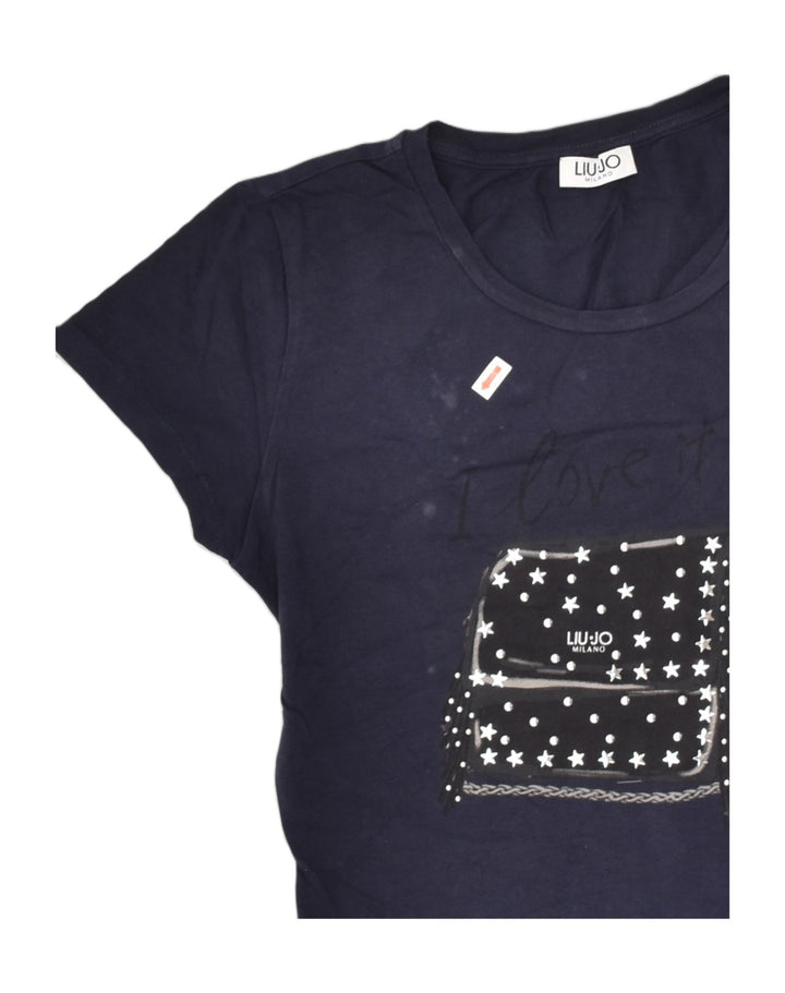 LIU JO Womens Graphic T-Shirt Top UK 10 Small Navy Blue Cotton | Vintage Liu Jo | Thrift | Second-Hand Liu Jo | Used Clothing | Messina Hembry 