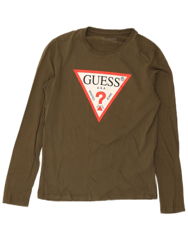 Guess Mens Slim Fit Graphic Top Long Sleeve XS Khaki Cotton
