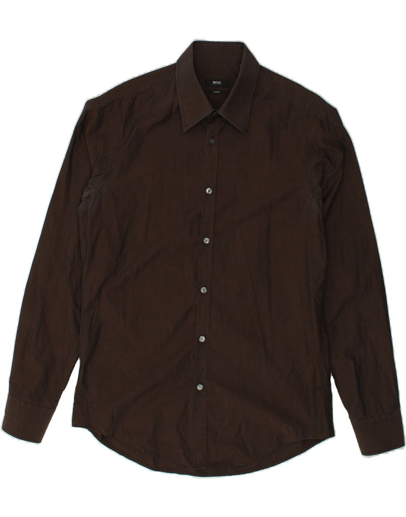 HUGO BOSS Mens Slim Fit Shirt Size 39/40 Medium Brown Cotton | Vintage Hugo Boss | Thrift | Second-Hand Hugo Boss | Used Clothing | Messina Hembry 