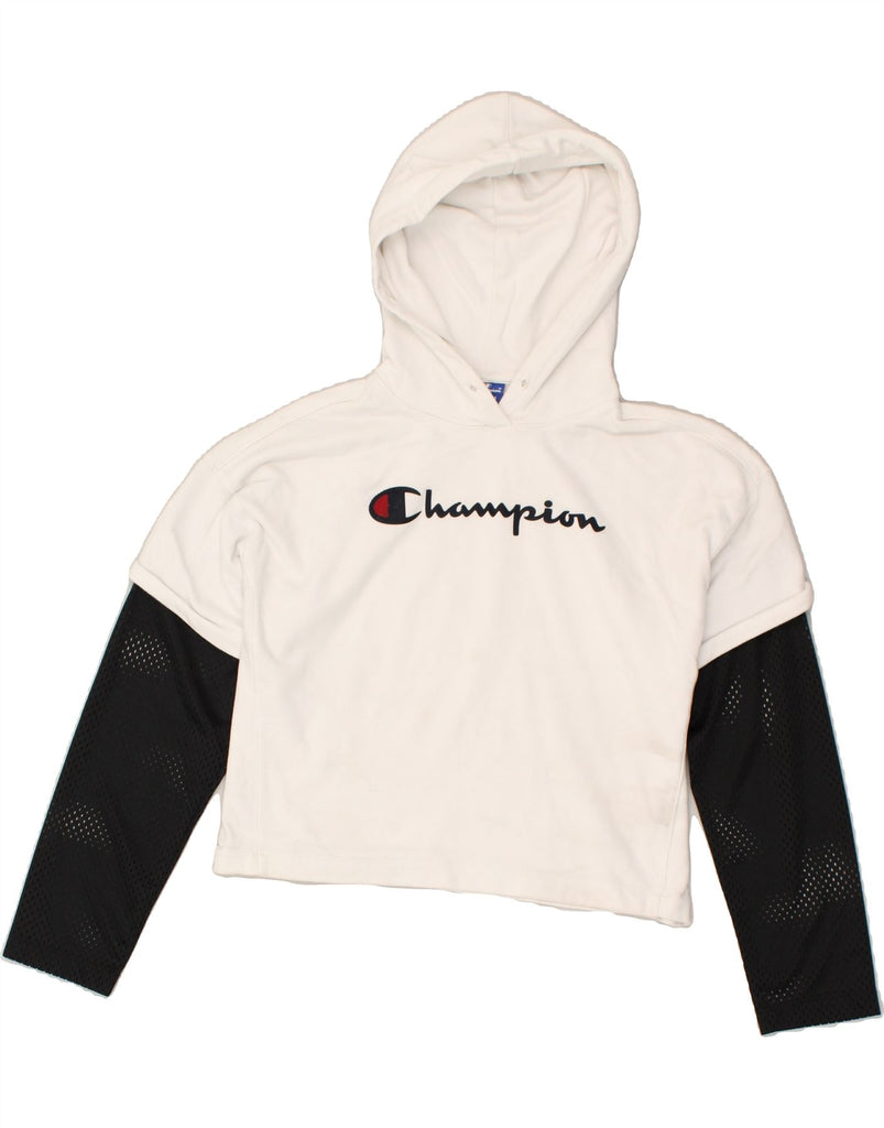 CHAMPION Womens Crop Graphic Hoodie Jumper UK12 Medium White Colourblock | Vintage Champion | Thrift | Second-Hand Champion | Used Clothing | Messina Hembry 