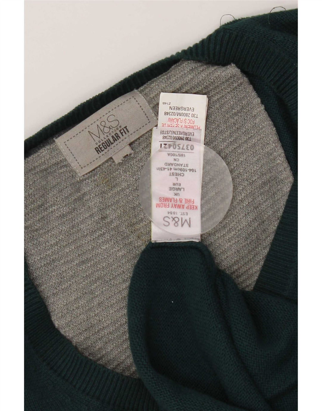 Marks & Spencer Mens Regular Fit V-Neck Jumper Sweater Large Green Cotton