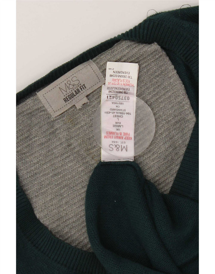 Marks & Spencer Mens Regular Fit V-Neck Jumper Sweater Large Green Cotton