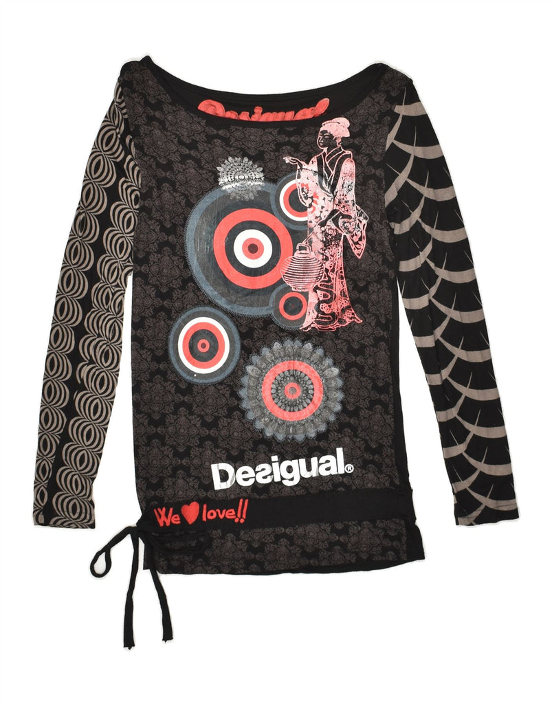 DESIGUAL Womens Graphic Top Long Sleeve UK 10 Small Black Floral Viscose | Vintage Desigual | Thrift | Second-Hand Desigual | Used Clothing | Messina Hembry 