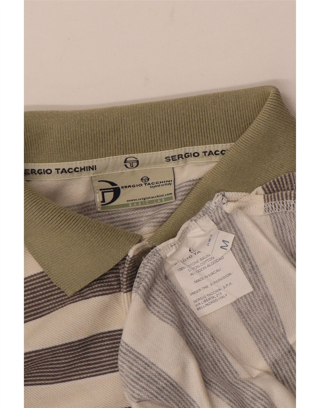 Sergio Tacchini Mens Polo Shirt Medium Off White Striped Cotton