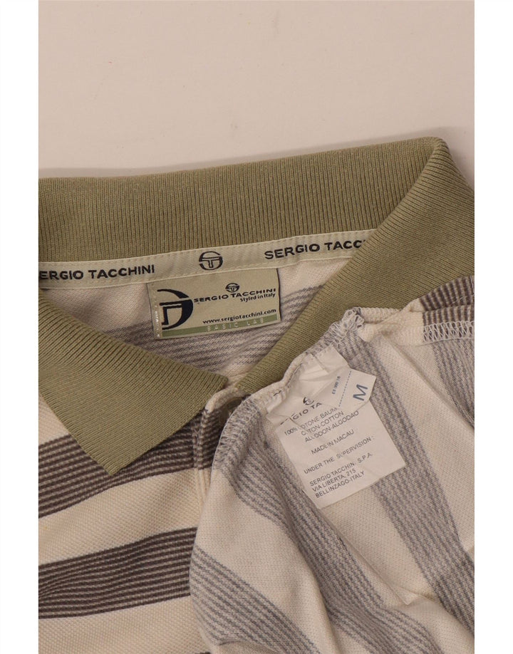 Sergio Tacchini Mens Polo Shirt Medium Off White Striped Cotton