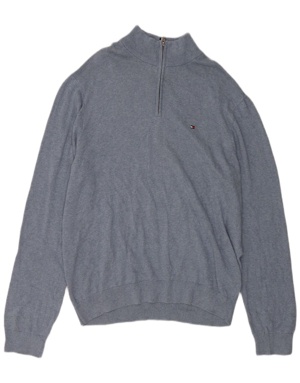 TOMMY HILFIGER Mens Zip Neck Jumper Sweater 2XL Blue Cotton