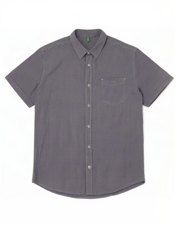 Benetton Mens Short Sleeve Shirt Medium Blue Gingham