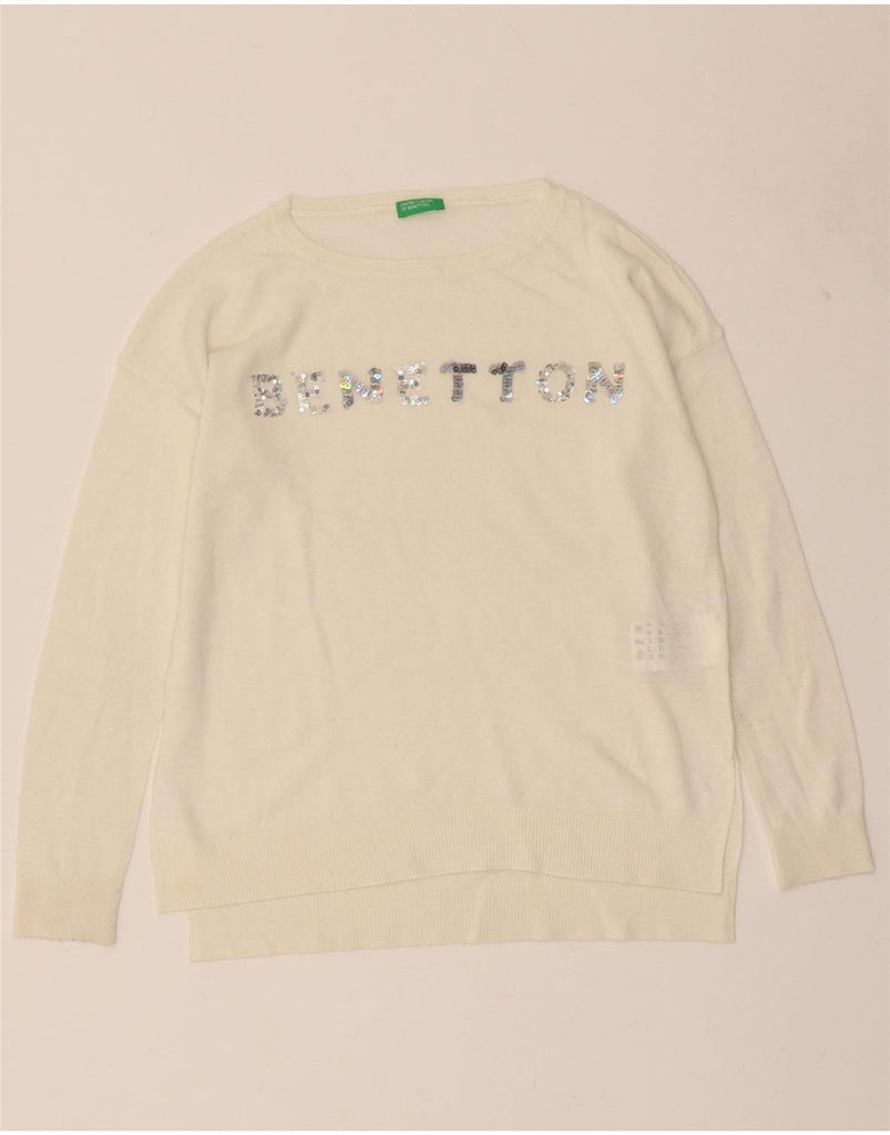 BENETTON Girls Graphic Boat Neck Jumper Sweater 8-9 Years Large Off White Vintage Benetton and Second-Hand Benetton from Messina Hembry 
