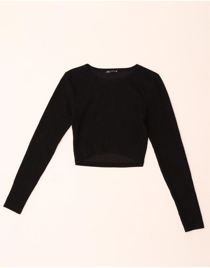 Zara Womens Crop Top Long Sleeve UK 12 Medium Black Polyester