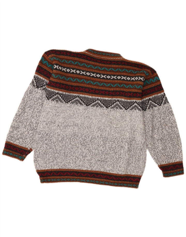 Vintage Mens Crew Neck Jumper Sweater Medium Grey Fair Isle