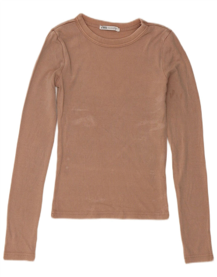 Zara Womens Top Long Sleeve UK 8 Small Beige Cotton