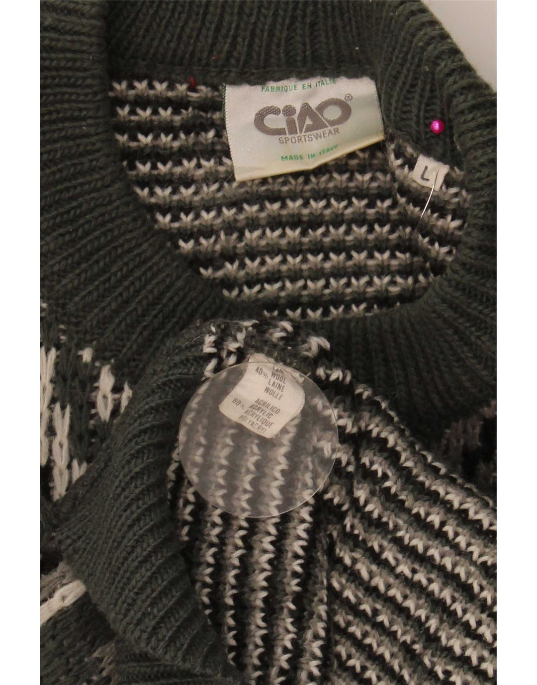 Ciao Mens Crew Neck Jumper Sweater Large Green Striped Wool
