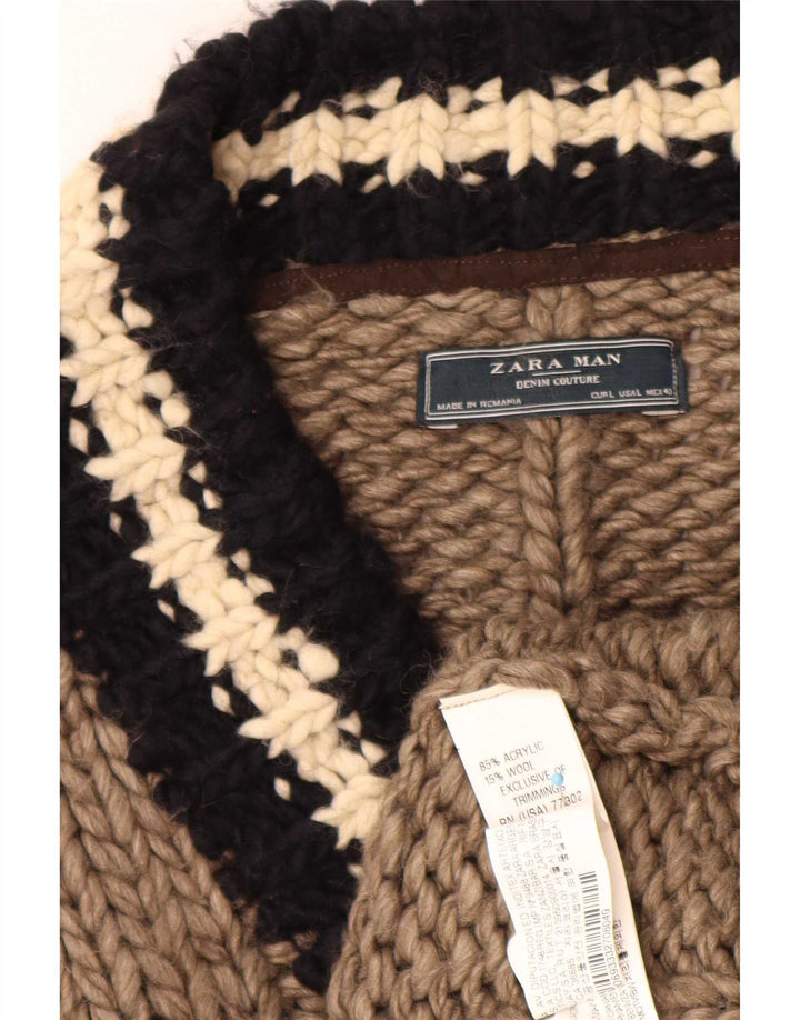 Zara Mens V-Neck Jumper Sweater Large Brown Striped Acrylic