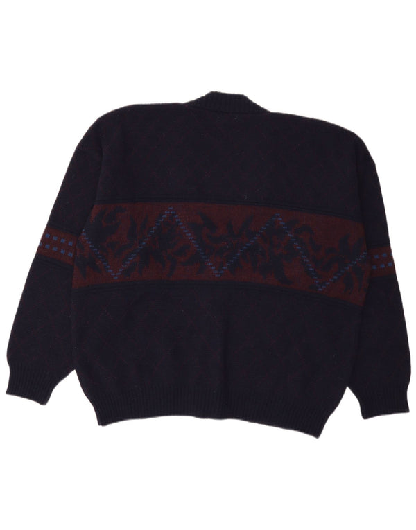 Demiro Mens Cardigan Sweater UK 46 XL Navy Blue Fair Isle Wool
