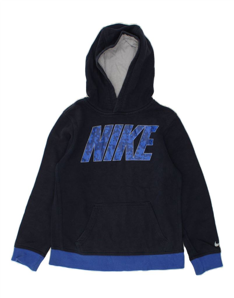 NIKE Boys Graphic Hoodie Jumper 10-11 Years Medium Navy Blue Cotton | Vintage Nike | Thrift | Second-Hand Nike | Used Clothing | Messina Hembry 