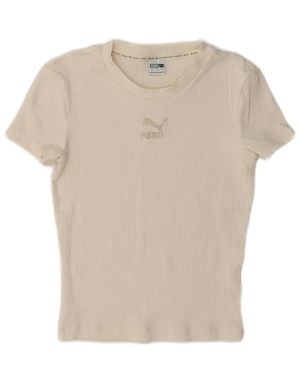 Puma Womens Crop Graphic T-Shirt Top UK 10 Small Off White