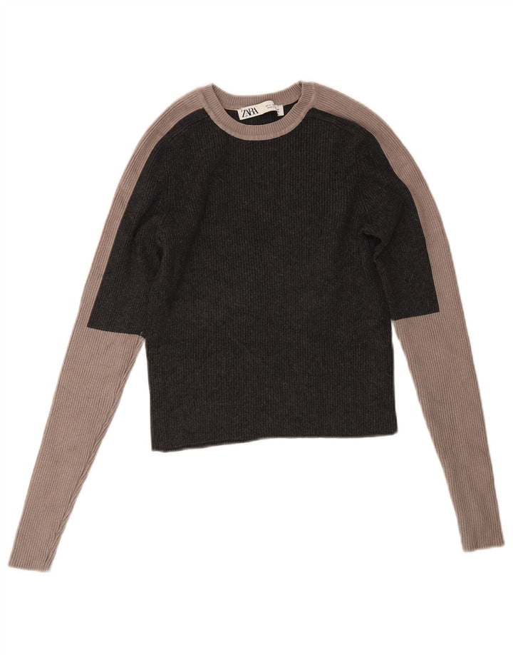 Zara Womens Crop Top Long Sleeve UK 12 Medium Grey Colourblock Viscose