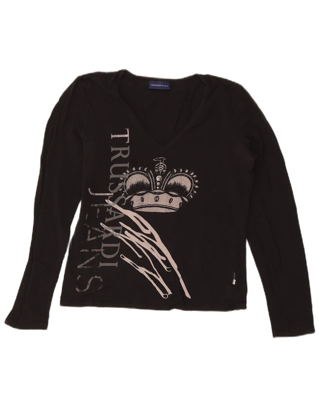 TRUSSARDI JEANS Womens Crop Graphic Top Long Sleeve UK 14 Large Black