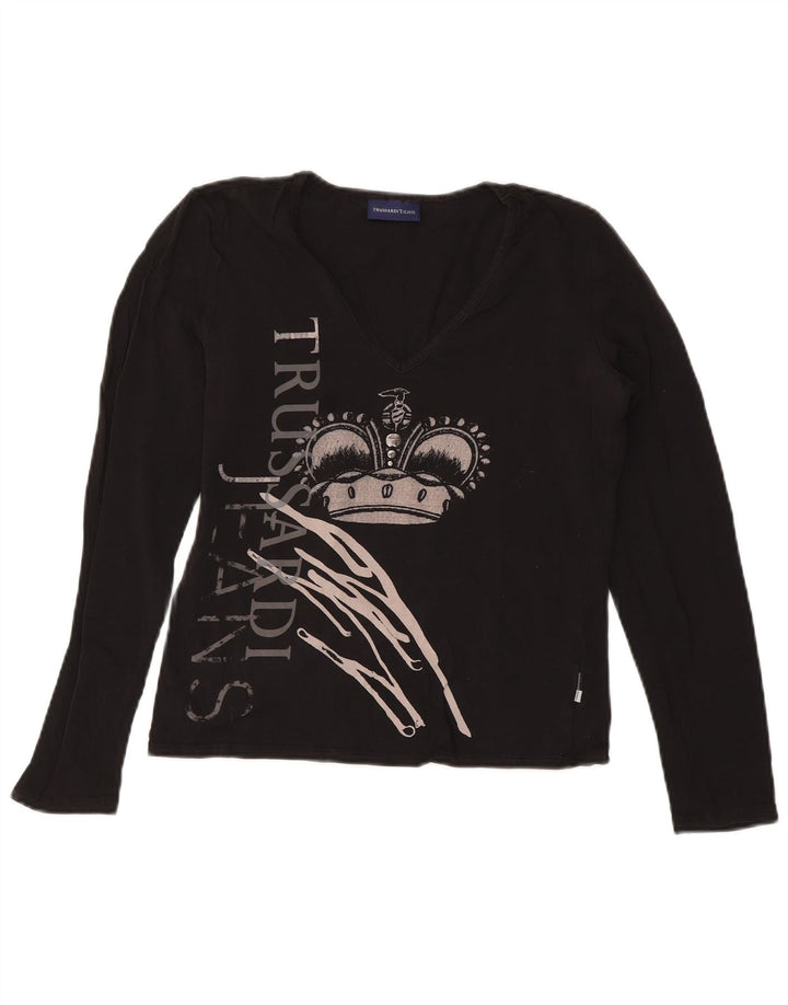 TRUSSARDI JEANS Womens Crop Graphic Top Long Sleeve UK 14 Large Black