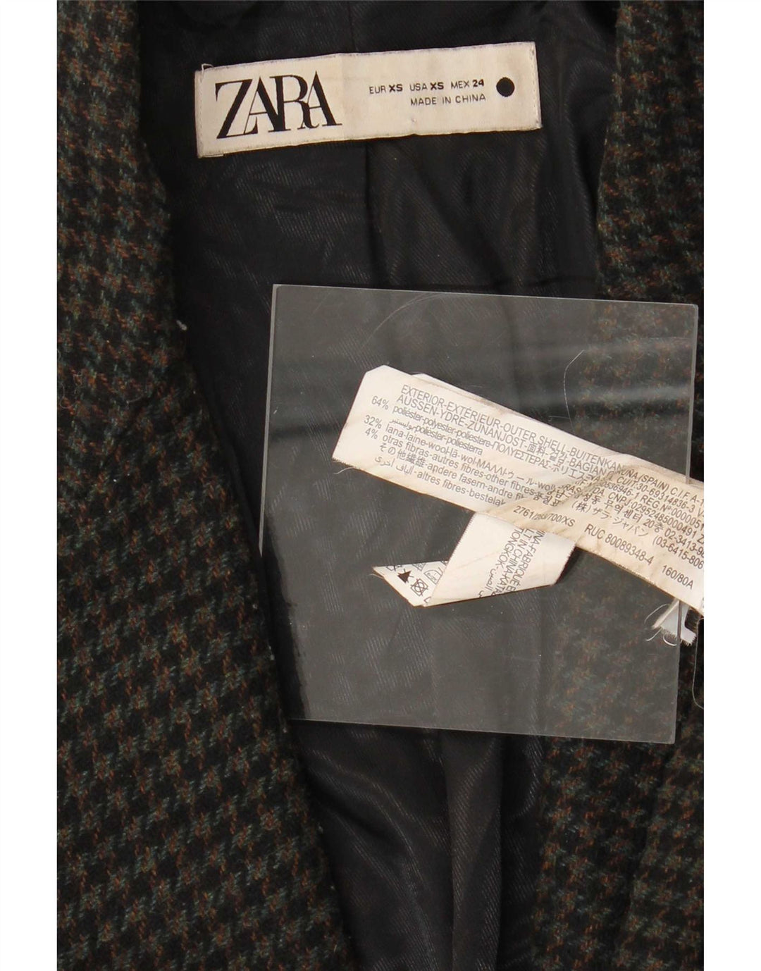 Zara Womens Oversized Overcoat UK 6 XS Black Houndstooth Polyester