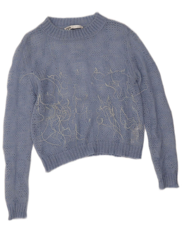 Zara Womens See Through Crop Crew Neck Jumper Sweater UK 10 Small Blue
