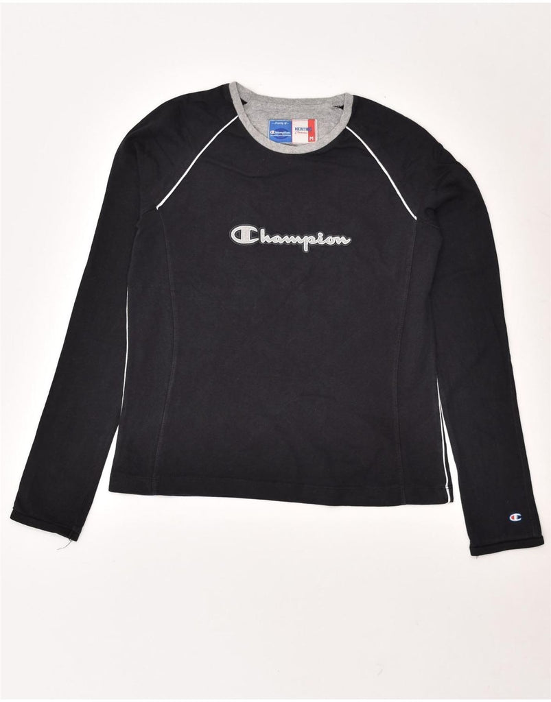 CHAMPION Womens Graphic Top Long Sleeve UK 12 Medium Black Cotton | Vintage Champion | Thrift | Second-Hand Champion | Used Clothing | Messina Hembry 