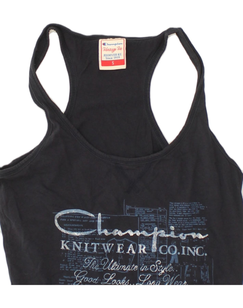 CHAMPION Womens Herritage Fit Graphic Vest Top UK 10 Small Navy Blue | Vintage Champion | Thrift | Second-Hand Champion | Used Clothing | Messina Hembry 