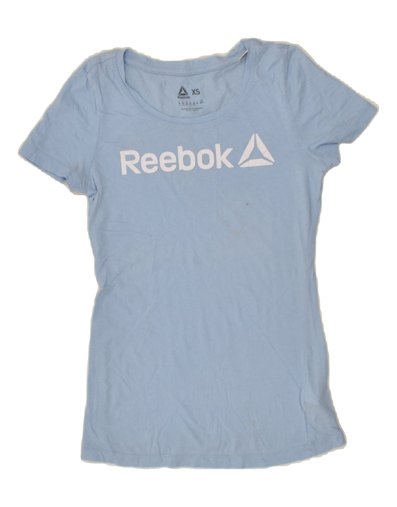 REEBOK Womens Graphic T-Shirt Top UK 6 XS Blue Cotton | Vintage Reebok | Thrift | Second-Hand Reebok | Used Clothing | Messina Hembry 