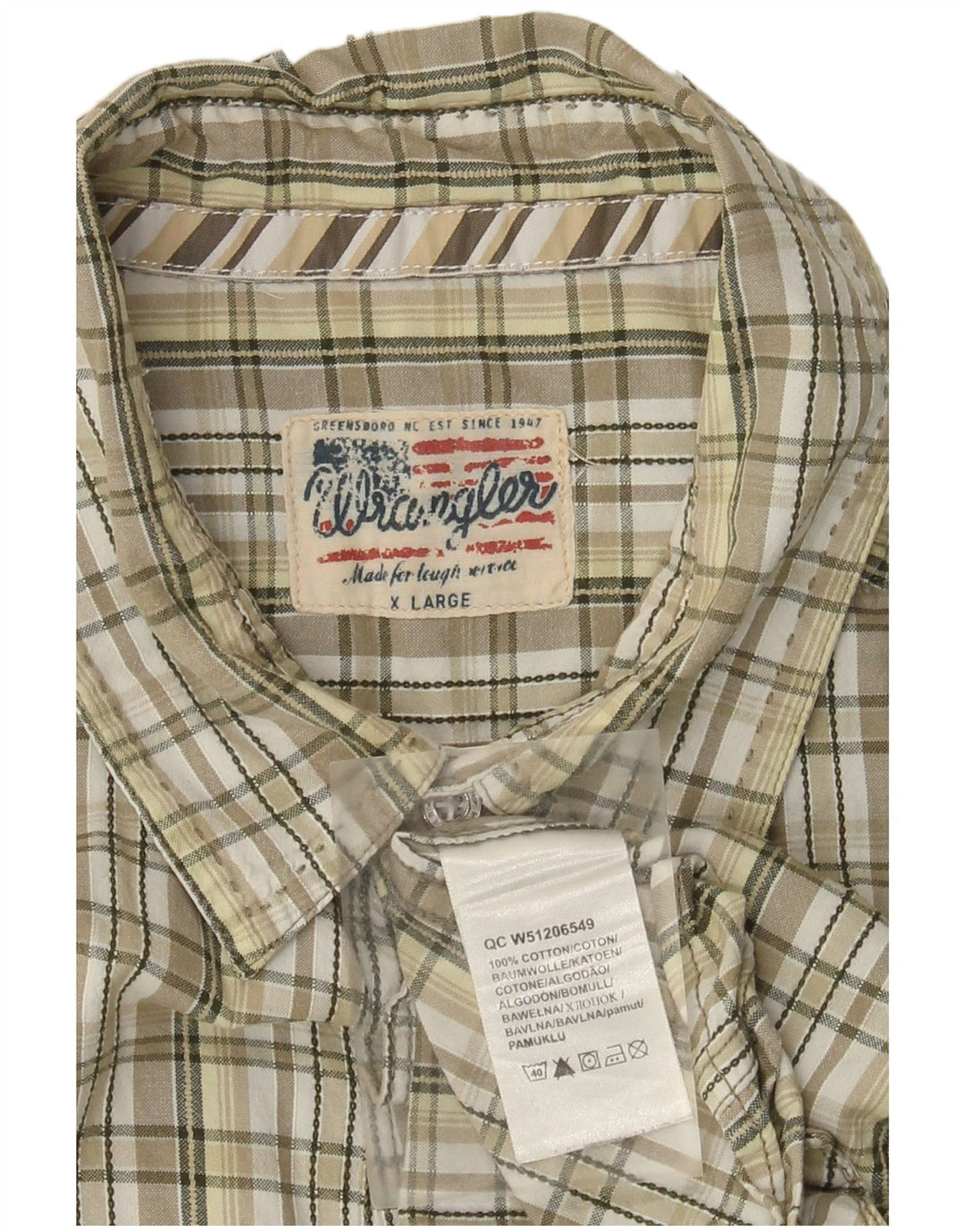 Wrangler Mens Short Sleeve Shirt XL Beige Check Cotton
