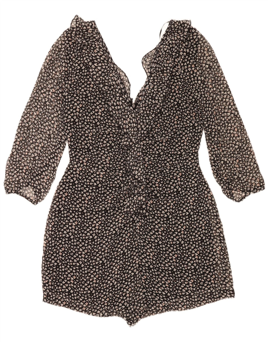 Zara Womens 3/4 Sleeve Playsuit UK 14 Large  Black Floral Polyester