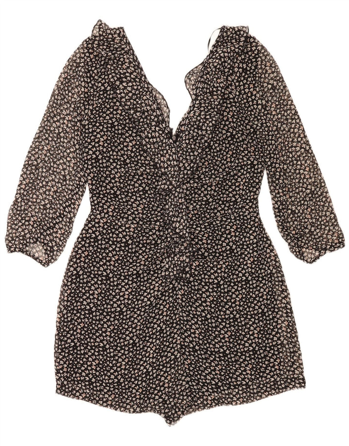 Zara Womens 3/4 Sleeve Playsuit UK 14 Large  Black Floral Polyester