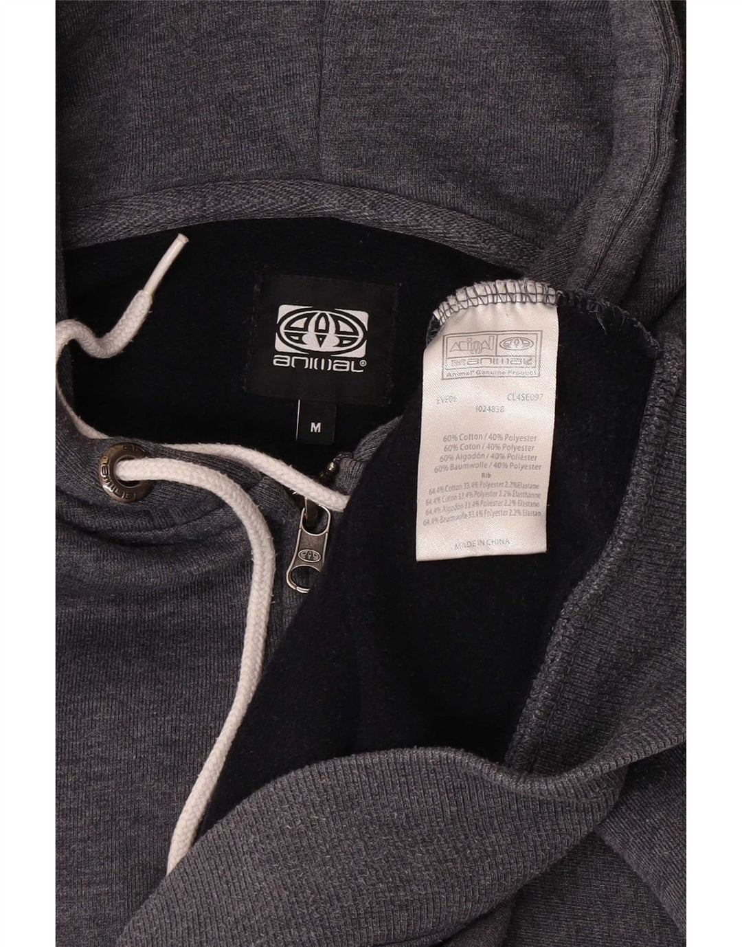 Animal Mens Zip Hoodie Sweater Medium Grey Cotton