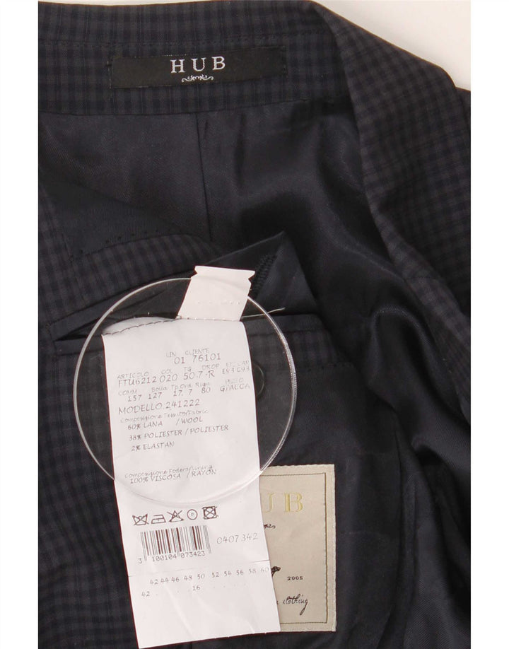 Hub Mens 2 Button Blazer Jacket IT 50 Large Navy Blue Gingham Wool
