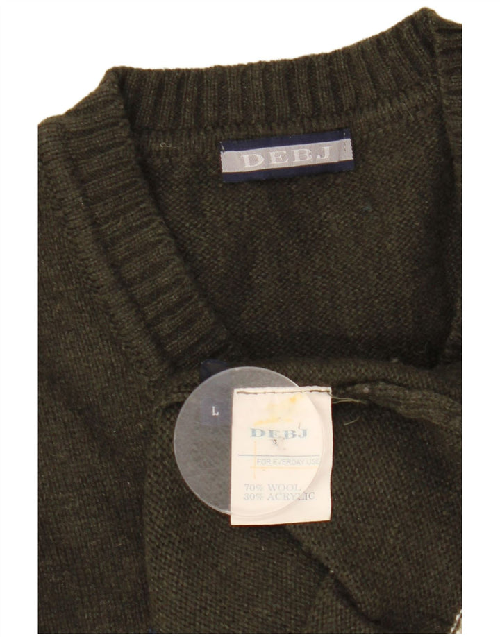 Vintage Mens V-Neck Jumper Sweater Large Khaki Argyle/Diamond Wool