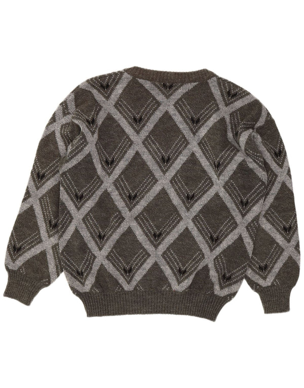 Vintage Mens V-Neck Jumper Sweater IT 54 XL Grey Argyle/Diamond Wool