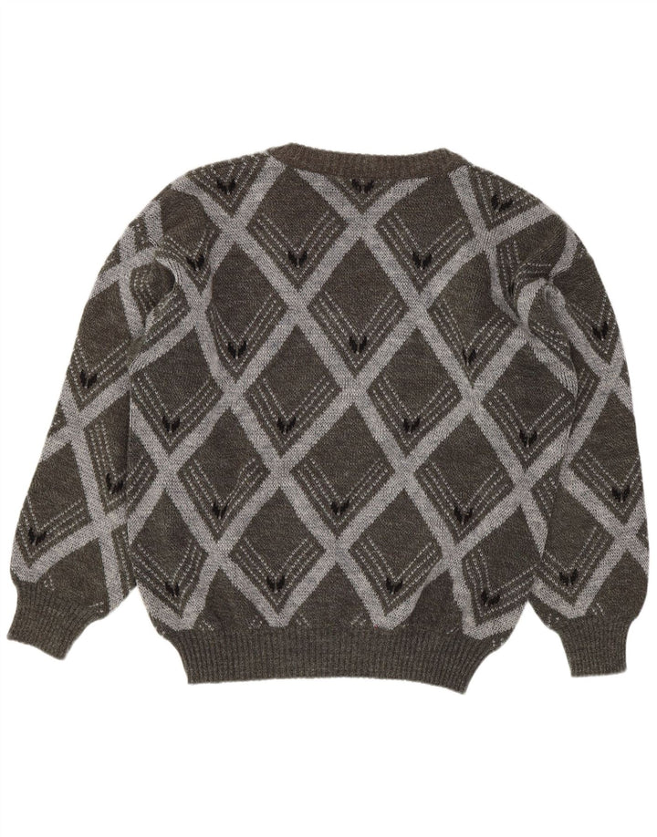 Vintage Mens V-Neck Jumper Sweater IT 54 XL Grey Argyle/Diamond Wool