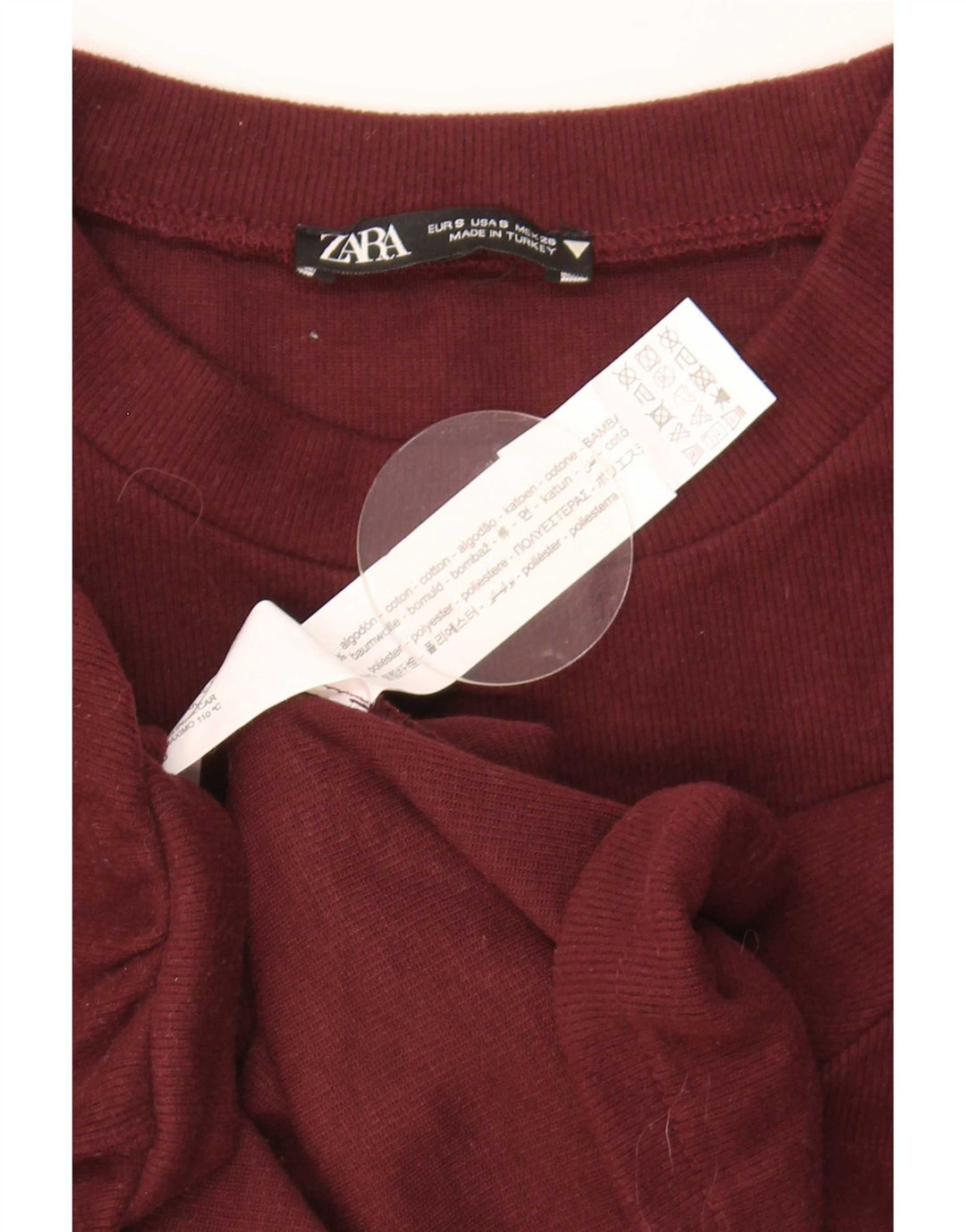 Zara Womens Crop Top 3/4 Sleeve UK 10 Small Maroon Cotton