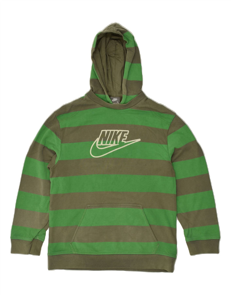 NIKE Boys Graphic Hoodie Jumper 12-13 Years Large Green Striped Cotton | Vintage Nike | Thrift | Second-Hand Nike | Used Clothing | Messina Hembry 