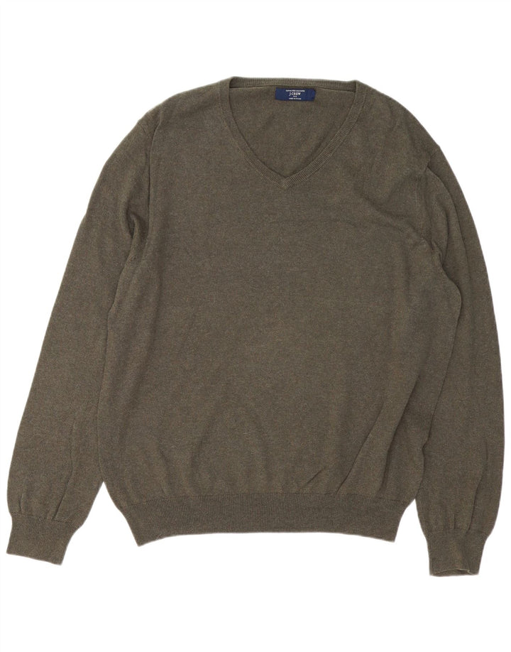 J. CREW Mens V-Neck Jumper Sweater Large Khaki Cotton