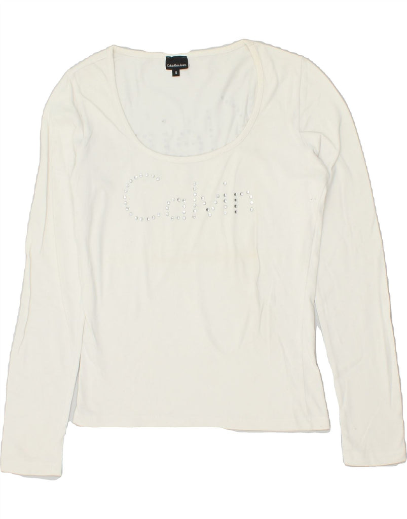 CALVIN KLEIN Womens Graphic Top Long Sleeve UK 10 Small White Vintage Calvin Klein and Second-Hand Calvin Klein from Messina Hembry 