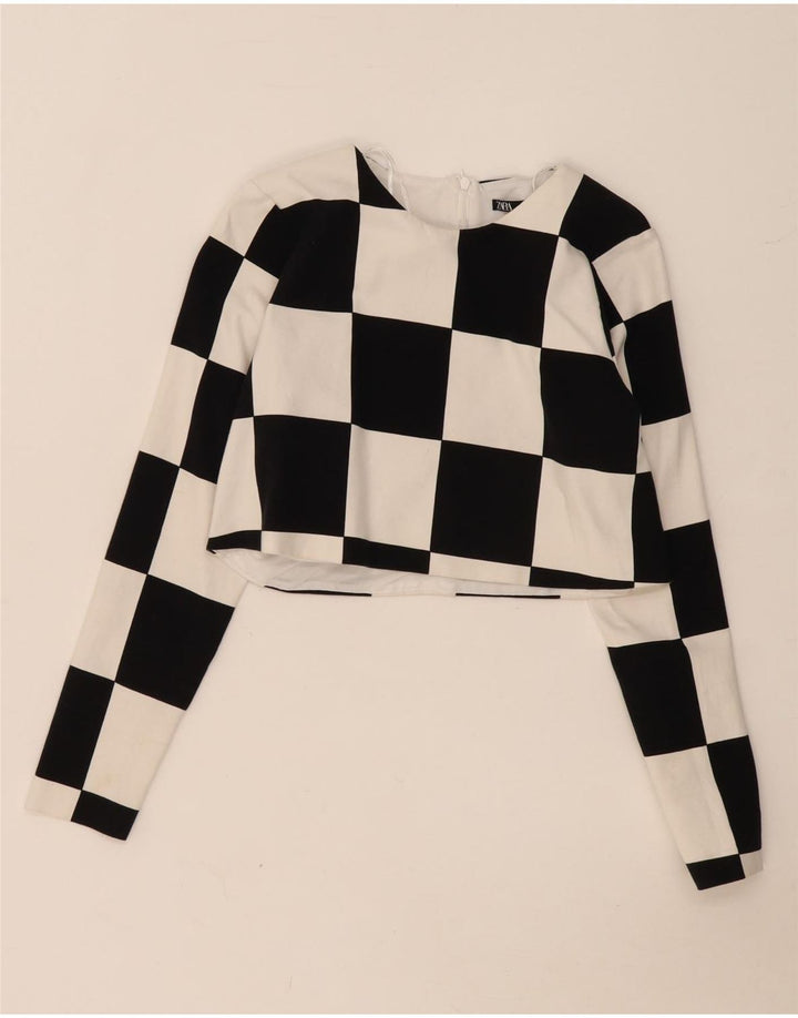 Zara Womens Crop Top Long Sleeve UK 12 Medium Black Geometric Cotton