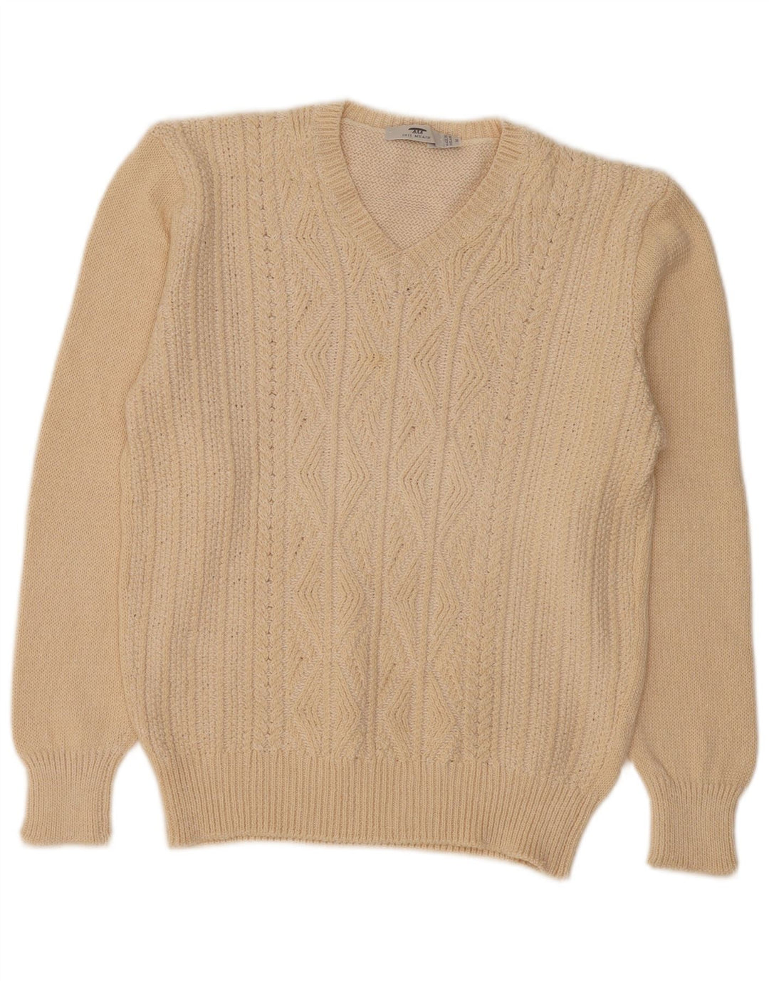 Inis Meain Womens V-Neck Jumper Sweater UK 14 Medium Beige Argyle/Diamond