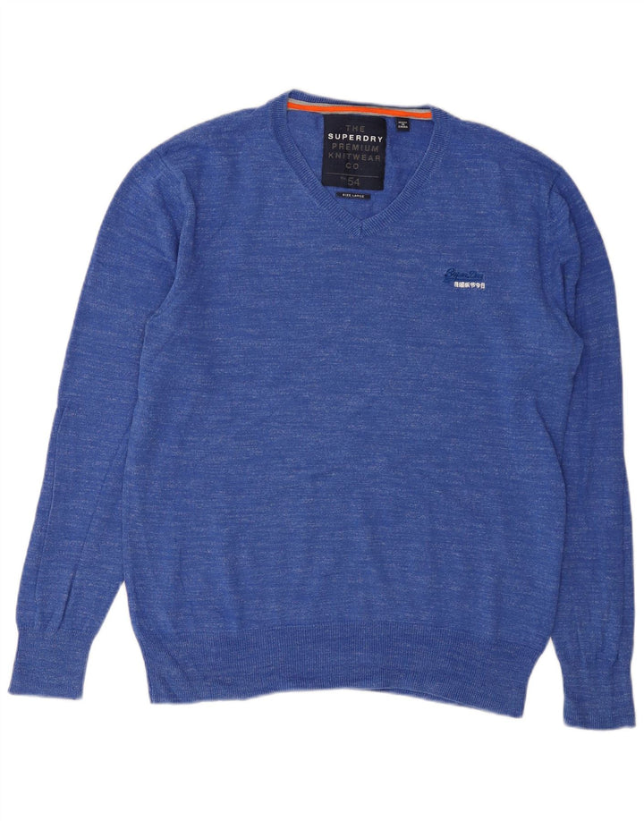 Superdry Mens V-Neck Jumper Sweater Large Blue Flecked Cotton